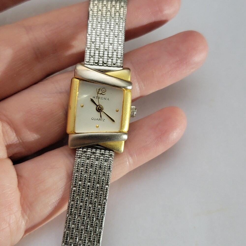 Merona Womens Watch White Dial Gold Case Silver Mesh Bracelet Rectangle Quartz